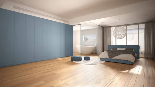 Dormitorio contemporáneo de lujo con baño, suelo de parquet, gran ventana panorámica, vidrieras, cama doble, bañera, alfombra, pufs, diseño interior minimalista limpio blanco y azul —  Fotos de Stock