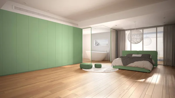 Chambre contemporaine de luxe avec salle de bains, parquet, grande fenêtre panoramique, vitrail, lit double, baignoire, tapis, poufs, design intérieur minimaliste blanc et vert — Photo