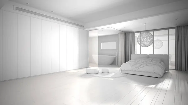 Progetto bianco totale di camera da letto contemporanea di lusso con bagno, pavimento in parquet, grande finestra panoramica, vetrate, letto matrimoniale, vasca da bagno, moquette, pouf, interior design minimalista — Foto Stock