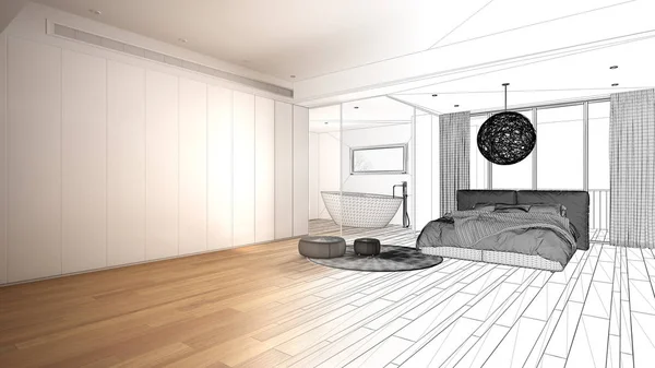 Arkitekt inredningskoncept: oavslutat projekt som blir verklig, lyxigt sovrum med badrum, parkett, panoramafönster, säng, badkar, modern arkitektur koncept idé — Stockfoto