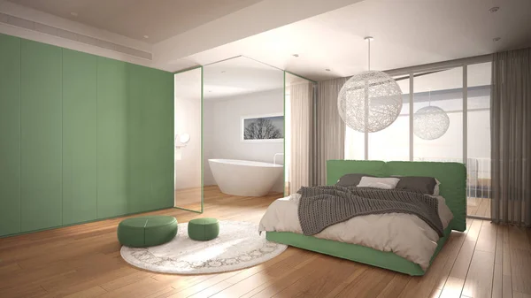 Dormitorio contemporáneo de lujo con baño, suelo de parquet, gran ventana panorámica, vidrieras, cama doble, bañera, alfombra, pufs, diseño interior minimalista limpio blanco y verde — Foto de Stock