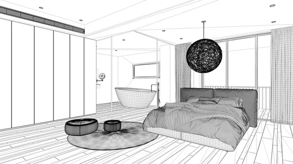 Projekt projektu projekt projekt, luksusowa sypialnia z łazienką, parkiet, duże panoramiczne okno, witraże, podwójne łóżko, wanna, dywan z pufami, projekt architektoniczny wnętrz — Zdjęcie stockowe