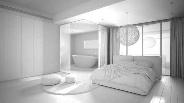 Total white project of luxury contemporary bedroom with bathroom, parketta, nagy panoráma ablak, festett üveg, franciaágy, fürdőkád, szőnyeg, puff, minimalista belsőépítészet — Stock Fotó