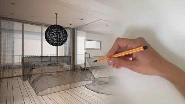 Architect interior designer concept: hand drawing a design interior project sketch while the space becomes real, modern luxury bedroom with bathroom, architecture interior design idea — ストック写真