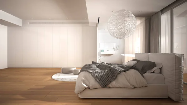 Luxury contemporary bedroom with bathroom, parquet floor, big panoramic window, stained glass, double bed, bathtub, carpet with pouf, minimalistic clean white interior design — ストック写真