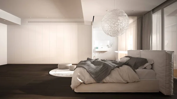 Luksusowy nowoczesny pokój z łazienką, parkiet, duże panoramiczne okno, witraże, podwójne łóżko, wanna, dywan z puf, minimalistyczne czyste białe i szare wnętrza — Zdjęcie stockowe