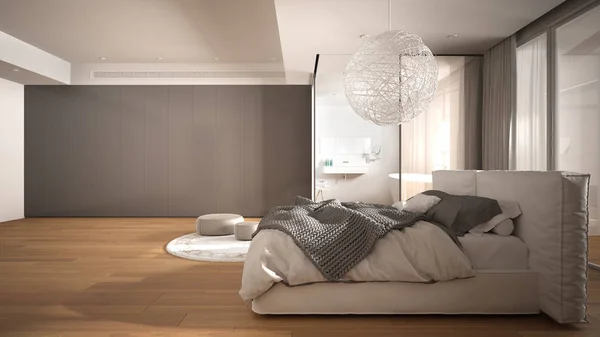 Lyxigt modernt sovrum med badrum, parkettgolv, stort panoramafönster, färgat glas, dubbelsäng, badkar, matta med puff, minimalistisk ren vit och grå inredning — Stockfoto