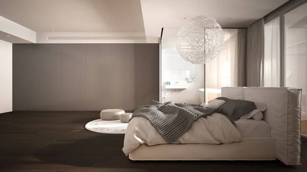 Luxusní moderní ložnice s koupelnou, parketová podlaha, velké panoramatické okno, vitráže, manželská postel, vana, koberec s váčkem, minimalistický čistý bílý a šedý design interiéru — Stock fotografie