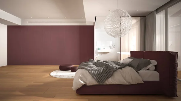 Dormitorio contemporáneo de lujo con baño, suelo de parquet, gran ventana panorámica, vidrieras, cama doble, bañera, alfombra con puf, diseño interior minimalista limpio blanco y rojo — Foto de Stock