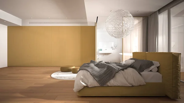 Lyxigt modernt sovrum med badrum, parkettgolv, stort panoramafönster, färgat glas, dubbelsäng, badkar, matta, påsar, minimalistisk ren vit och gul inredning — Stockfoto