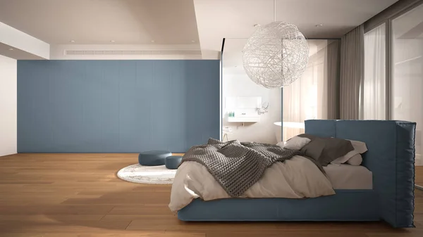 Luxo quarto contemporâneo com casa de banho, piso em parquet, grande janela panorâmica, vitrais, cama de casal, banheira, tapete, poufs, minimalista limpo branco e azul design de interiores — Fotografia de Stock