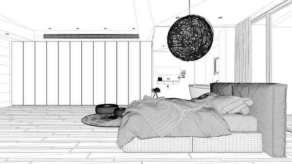 Σχέδιο έργου σχέδιο, πολυτελή κρεβατοκάμαρα με μπάνιο, παρκέ δάπεδο, μεγάλο πανοραμικό παράθυρο, βιτρό, διπλό κρεβάτι, μπανιέρα, χαλί με πουφ, αρχιτεκτονική έννοια εσωτερικό σχεδιασμό — Φωτογραφία Αρχείου