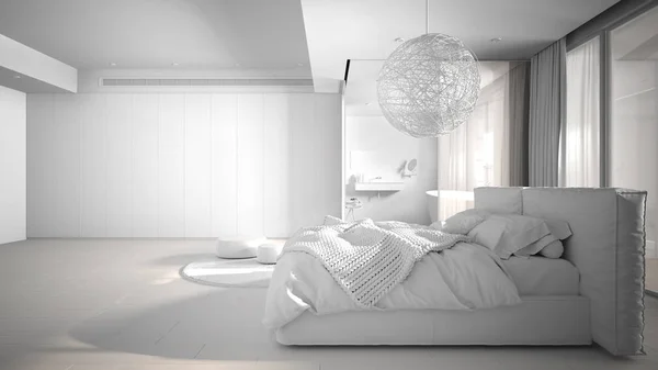 Загальний білий проект розкішної сучасної спальні з ванною, паркетною підлогою, великим панорамним вікном, вітражем, двоспальним ліжком, ванною, килимом, пуфами, мінімалістичним дизайном інтер'єру — стокове фото