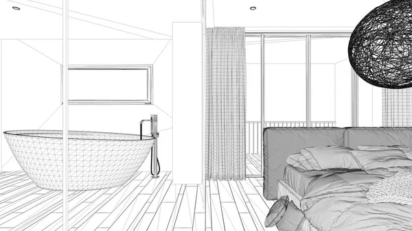 Проект чертежа, роскошная спальня с ванной комнатой, паркетный пол, большое панорамное окно, витражи, двуспальная кровать, ванна, ковер с пуфиками, архитектурный дизайн интерьера — стоковое фото