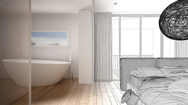 Architect interior designer concept: unfinished project that becomes real, luxury bedroom with bathroom, parquet, panoramic window, bed, bathtub, modern architecture concept idea