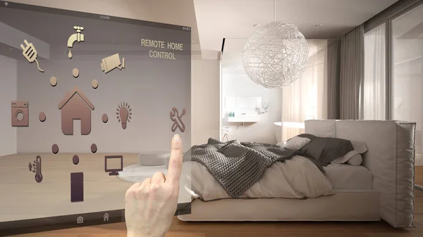 Smart home control concept, hand controlling digital interface from mobile app. Blurred background showing modern bedroom with bathroom, architecture interior design — ストック写真