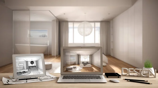 Architect designer desktop concept, laptop και tablet σε ξύλινο γραφείο με οθόνη που δείχνει εσωτερικό σχεδιασμό του έργου και Cad σκίτσο, σχέδιο στο παρασκήνιο, μοντέρνο υπνοδωμάτιο με μπανιέρα — Φωτογραφία Αρχείου