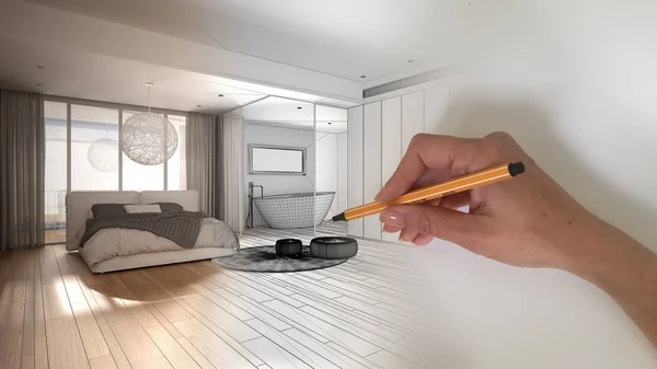 Architetto interior designer concept: disegnare a mano un progetto d'interni di design mentre lo spazio diventa reale, moderna camera da letto bianca e in legno con letto matrimoniale, bagno con vasca — Foto Stock