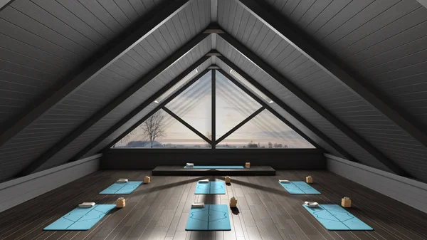 Estúdio de ioga vazio arquitetura de design de interiores, espaço aberto mínimo, organização espacial com tapetes e acessórios, pronto para a prática de ioga, janela panorâmica com panorama de inverno — Fotografia de Stock