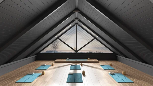 Empty yoga studio interior design architecture, minimal open space, spatial organization with mats and accessories, ready for yoga practice, panoramic window with winter panorama