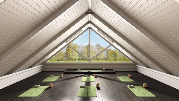 Estúdio de ioga vazio arquitetura de design de interiores, espaço aberto mínimo, organização espacial com tapetes e acessórios, pronto para a prática de ioga, janela panorâmica com panorama de verão — Fotografia de Stock