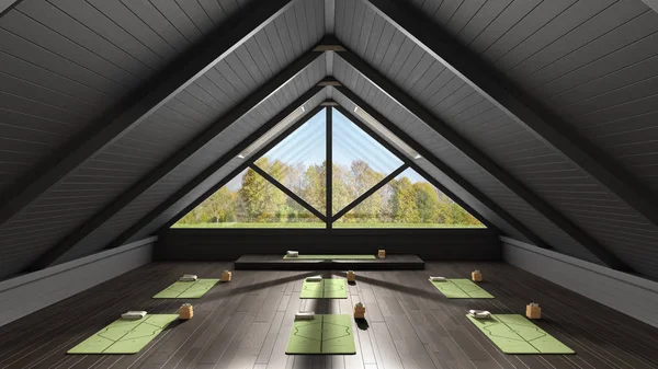 Empty yoga studio interior design architecture, minimal open space, spatial organization with mats and accessories, ready for yoga practice, panoramic window with summer panorama