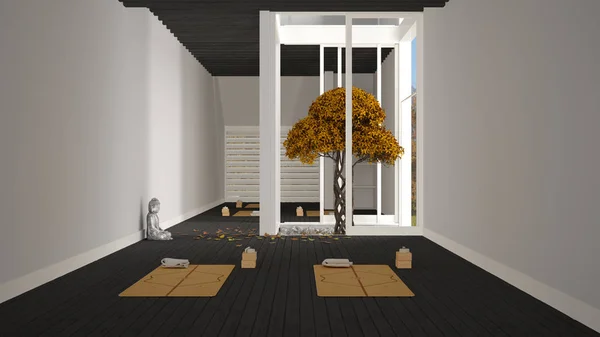 Empty yoga studio interior design, minimal open space with mats and accessories, zen garden, autumn tree, falling leaves, ready for yoga practice, marble stones and statue of Buddha