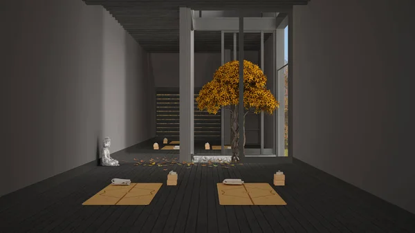 Studio de yoga vide design d'intérieur, espace ouvert minimal avec tapis et accessoires, jardin zen, arbre d'automne, feuilles tombantes, prêt pour la pratique du yoga, pierres de marbre et statue de Bouddha — Photo