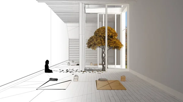 Концепция архитектора интерьера: незавершенный проект, который становится реальным, пустой дизайн интерьера студии йоги, минимальное пространство с циновками и аксессуарами, сад дзен, статуя Будды — стоковое фото