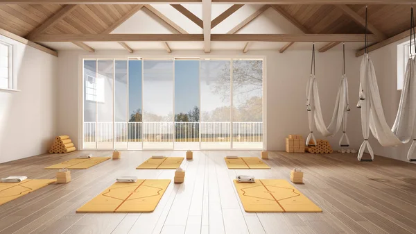 Empty yoga studio interior design, minimal open space with mats, hammocks and accessories, wooden floor and roof, ready for yoga practice, panoramic window with autumn panorama