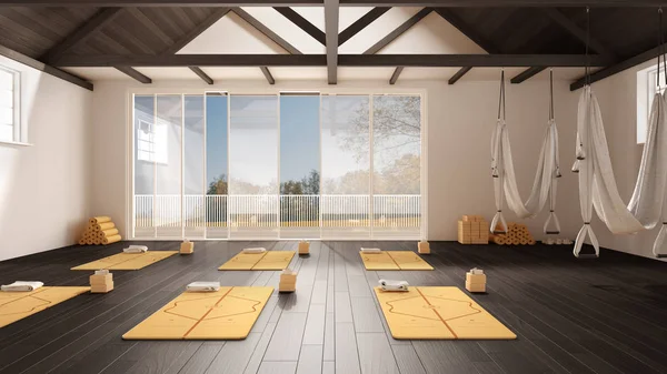 Diseño interior de estudio de yoga vacío, espacio abierto mínimo con esteras, hamacas y accesorios, piso y techo gris madera, listo para la práctica de yoga, ventana panorámica con panorama de otoño — Foto de Stock