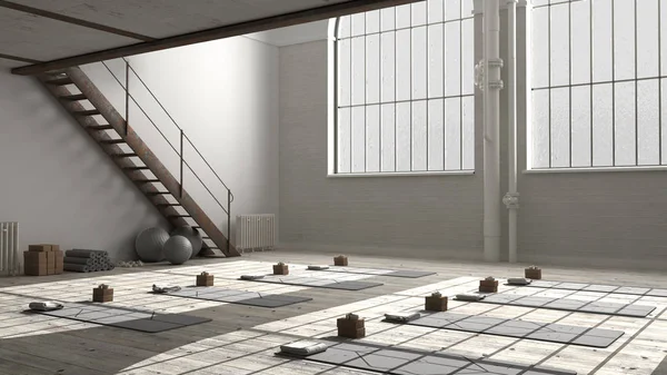 Empty yoga studio interior design, minimal industrial open space with iron staircase, mats and accessories, parquet floor and mezzanine, ready for yoga practice, panoramic windows
