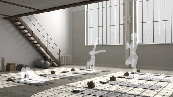 Empty yoga studio interior design, minimal industrial open space with iron staircase, mats and accessories, parquet floor and mezzanine, ready for yoga practice, asana pose figurines