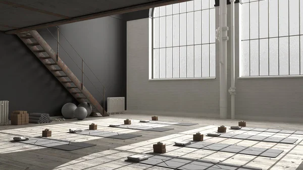 Diseño interior de estudio de yoga vacío, espacio abierto industrial mínimo con escalera de hierro, esteras y accesorios, suelo de parquet y entresuelo, listo para practicar yoga, ventanas panorámicas —  Fotos de Stock