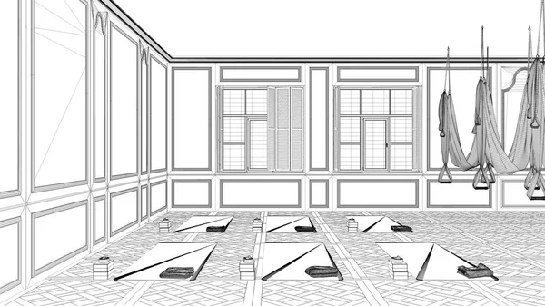 Projekt projektu Blueprint, puste studio jogi wystrój wnętrz, minimalna klasyczna przestrzeń, parkiet, ściany ze sztukaterią, maty i akcesoria, gotowy do ćwiczeń jogi, medytacja — Zdjęcie stockowe
