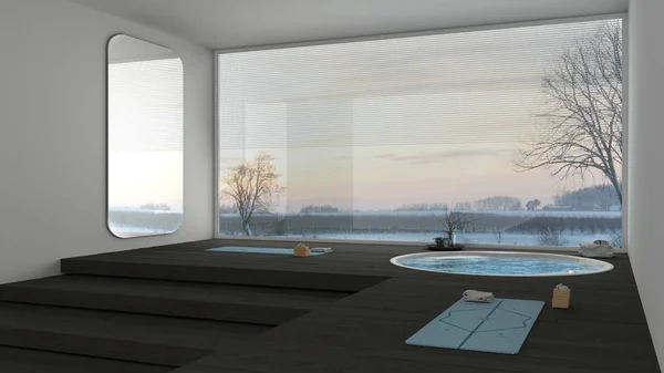 Empty yoga studio interior design, minimal space with stairs, round pool, parquet floor, mats and accessories, ready for yoga practice, meditation, big panoramic window, winter view