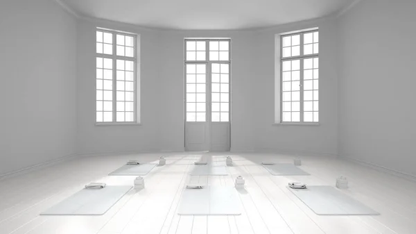 Total white project of empty yoga studio interior design, minimal classic space, παρκέ δάπεδο, τοίχοι με στόκο, χαλάκια και αξεσουάρ, έτοιμοι για πρακτική γιόγκα, διαλογισμό, παράθυρο — Φωτογραφία Αρχείου