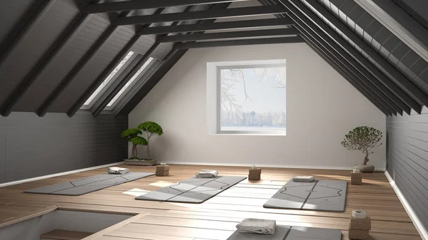Empty yoga studio interior design, minimal open space with bonsai, mats and accessories, wooden floor and roof, ready for yoga practice, meditation, square window with winter panorama