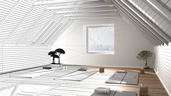 Arkitekt inredningskoncept: oavslutat projekt som blir verklig, tom yogastudio inredning, minimalt utrymme med bonsai, mattor och accessoarer, redo för yogautövande — Stockfoto