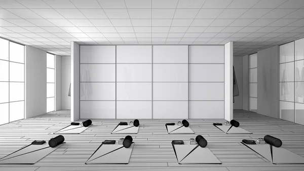 Незакінчений проект порожньої студії йоги дизайн інтер'єру, простір з килимками, гамаками, подушками та аксесуарами, паркет, дзеркало, роздільник кімнати, велике вікно, готове до практики йоги — стокове фото