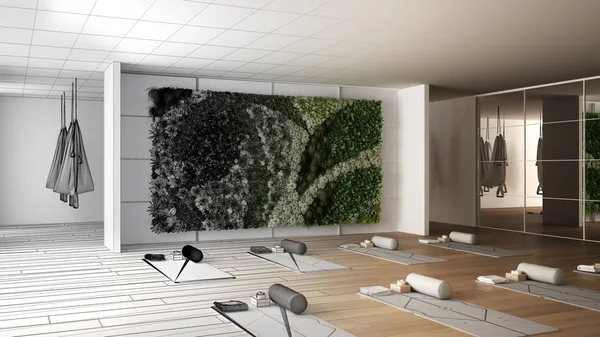 Architecte concept d'architecte d'intérieur : projet inachevé qui devient réel, studio de yoga vide design d'intérieur, espace avec tapis et accessoires, jardin vertical, prêt pour la pratique du yoga — Photo