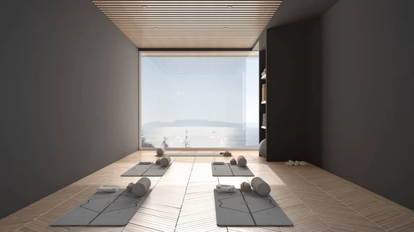 Empty yoga studio interior design, χώρος με χαλάκια, μαξιλάρια και αξεσουάρ, παρκέ, ξύλινη στέγη και μεγάλο πανοραμικό παράθυρο με θαλασσινό πανόραμα, έτοιμο για πρακτική γιόγκα, αίθουσα διαλογισμού — Φωτογραφία Αρχείου