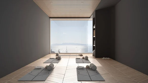 Estudio de yoga vacío de diseño interior, espacio con esteras, almohadas y accesorios, parquet, techo de madera y gran ventana panorámica con panorama del mar, listo para la práctica de yoga, sala de meditación —  Fotos de Stock