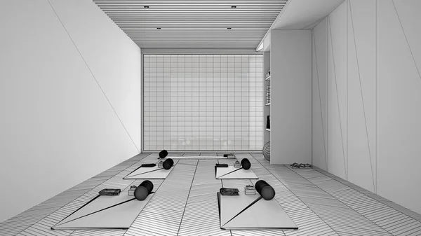 Projeto inacabado de estúdio de ioga vazio design de interiores, espaço com esteiras, travesseiros e acessórios, parquet, telhado de madeira e grande janela, pronto para a prática de ioga, sala de meditação — Fotografia de Stock