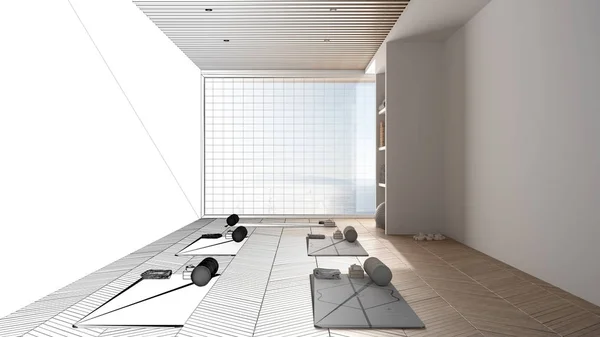 Architect interior designer concept: unfinished project that becomes real, empty yoga studio interior design, space with mats and accessories, parquet, window, ready for yoga practice — Stock Photo, Image