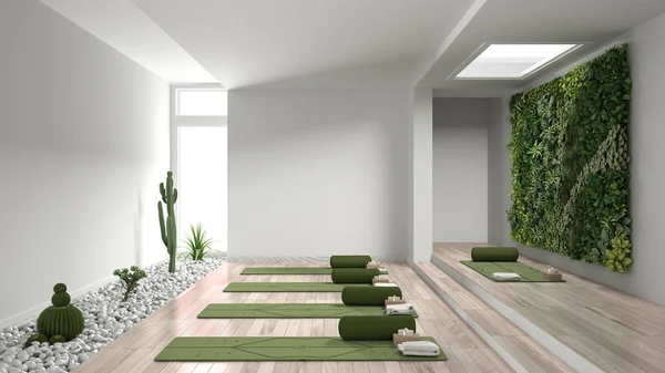 Estudio de yoga vacío de diseño interior, espacio abierto con esteras, almohadas y accesorios, parquet, jardín vertical y plantas suculentas con guijarros, listo para la práctica de yoga, sala de meditación — Foto de Stock