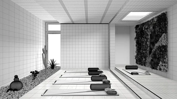 Proyecto de anteproyecto, estudio de yoga vacío diseño interior, espacio abierto con esteras y accesorios, jardín vertical, plantas suculentas, listo para la práctica de yoga, sala de meditación —  Fotos de Stock