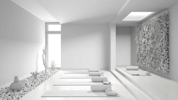 Total white project draft of empty yoga studio interior design, open space with mats and accessories, vertical garden, succulent plants, ready for yoga practice, meditation room — Stock Photo, Image