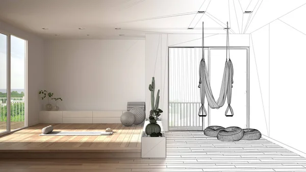 Architect interior designer concept: unfinished project that becomes real, empty yoga studio design, open space with mats, and accessories, ready for yoga practice, meditation room