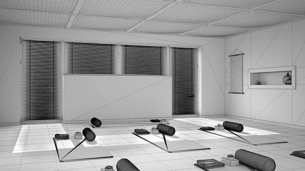 蓝图项目草稿，空瑜伽室室内设计，带垫子的开放空间，枕头和配件，威尼斯竹子盲眼，拼贴，准备练习瑜伽，冥想室 — 图库照片